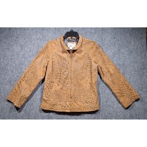 Tria Womens Tan Leather Mixed Animal Print Zip Up Jacket‎ Size M Leopard Zebra